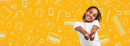Bright Child Showing Enthusiasm in a School-Themed Collage Background