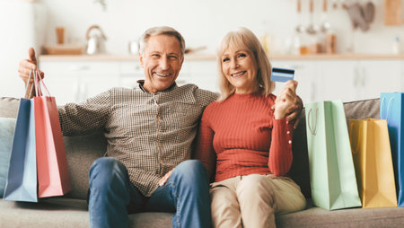 Mature Couple Showing Credit Card Sitting With Shopper Bags Indoorの写真素材