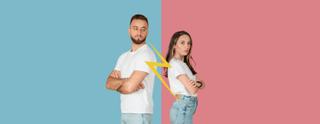Couple Standing Back to Back in a Colorful Collage Expressing Contrasting Emotions