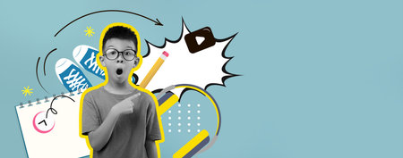 Creative Collage Showing a Surprised Boy With School Items and Symbols in a Vibrant Designの写真素材