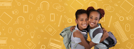 Children Embrace Each Other With Joy Against a School-Themed Background Filled With Learning Toolsの写真素材