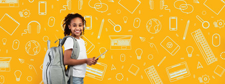 Child Smiles in School Setting With a Backpack and Colorful Educational Background