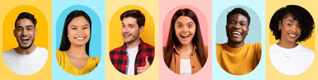 Group of Young People Smiling and Expressing Joy in a Vibrant Collage Setの写真素材