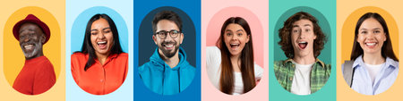 Collage of Diverse Individuals Expressing Joy and Happiness in Colorful Backgroundsの写真素材