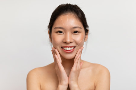 Bright Smile Shines as Woman Showcases Skincare Techniques in a Beauty Collageの写真素材