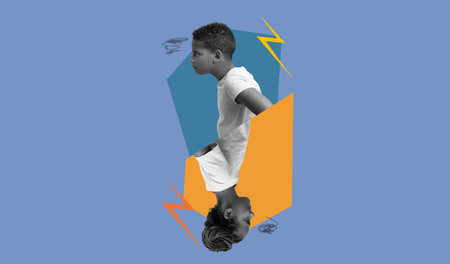 Creative Collage Showcasing Dual Perspectives of a Young Person With Vibrant Colorsの写真素材