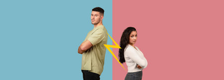 Couple in Conflict Stands Back to Back in a Divided Environment of Blue and Pink Colorsの写真素材