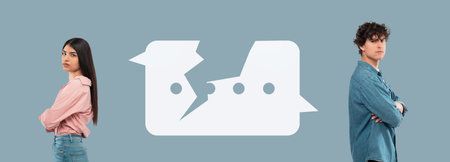 Conflict and Communication Issues Highlighted in a Modern Collage of Two Individuals Standing Apartの写真素材