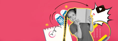 Creative Collage Showcasing a Young Student Engaging in Fun Educational Activities at Schoolの写真素材