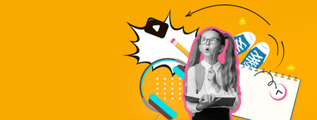 Creative Collage Showing a Girl Lost in Thought Against a Bright Background Featuring School Items