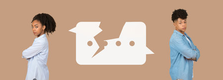 Creative Collage Showing Disagreement Between Two Individuals With Broken Speech Bubblesの写真素材