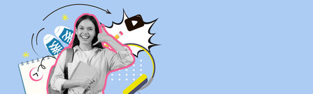 Creative Collage of a Cheerful Student Showcasing Mood and Energy in a Vibrant Learning Spaceの写真素材