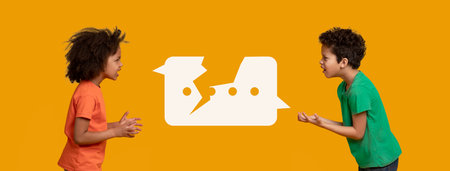 Kids Expressing Strong Emotions in a Playful Debate Against an Orange Backdropの写真素材