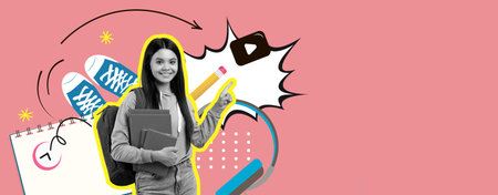 Bright Collection of Student Life Elements Featuring a Cheerful Girl With School Supplies
