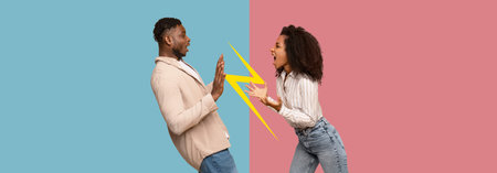 Bright Collage Displaying Dynamic Emotions Between Two People in Contrasting Colorsの写真素材