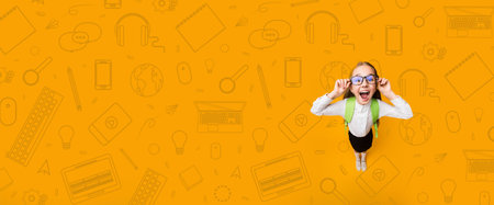 Excited Child With Glasses Standing in School-Themed Collage Background