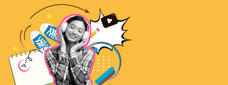 Young Woman Enjoying Music in a Vibrant Collage of Fun and Creativityの写真素材