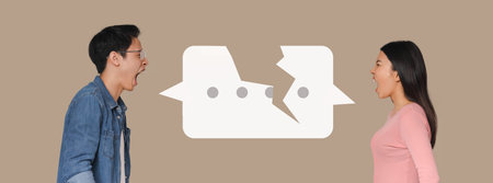 Two People Arguing in a Collage Setting With a Broken Speech Bubble Designの写真素材