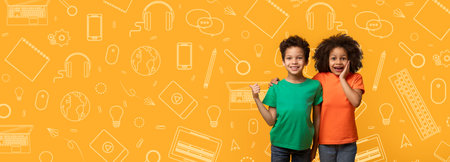 Collage of Joyful Children in School-Themed Setting With Colorful Backgroundの写真素材