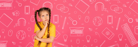 Creative Child Pondering Ideas in a Colorful School-Themed Collage Background