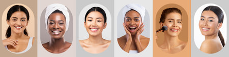 Diverse Collage of Women Showcasing Expressions in Skincare Routinesの写真素材