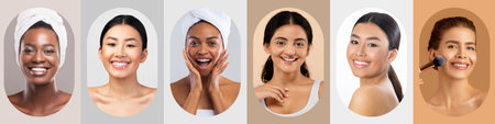Various Women With Glowing Skin Showcase Their Beauty Routines in a Vibrant Collageの写真素材