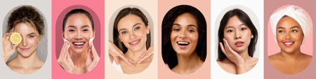 Collage Showcasing Diverse Women Expressing Beauty and Skincare in a Vibrant Setの写真素材