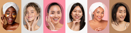 Collage of Diverse Women Enjoying Skincare Routines in a Vibrant Settingの写真素材
