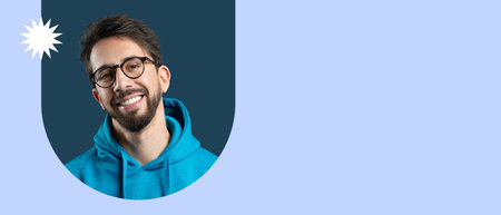 Collage of a Smiling Man Wearing Glasses and a Blue Hoodie With a Light Backgroundの写真素材