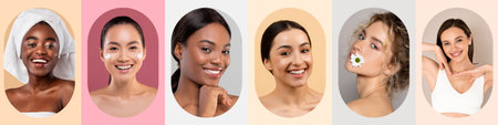 Collage of Diverse Women Showcasing Beauty Routines and Expressions in Various Settingsの写真素材