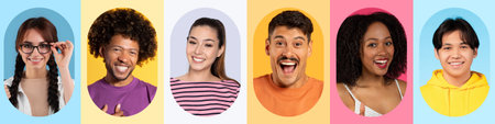 Collage Showcasing Diverse Faces With Joyful Expressions and Vibrant Colors in a Fun Settingの写真素材