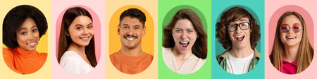 Collage of Smiling Friends Showing Joy and Excitement in Vibrant Colorsの写真素材