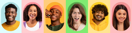 Group of Diverse Friends Smiling and Having Fun in a Colorful Collage Setの写真素材