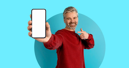 Smiling Man Shows Smartphone Against Blue Background in a Catchy Collage Setup