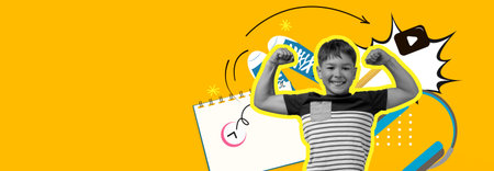 Energetic Child Showing Strength in a Colorful Collage of Activities and Iconsの写真素材