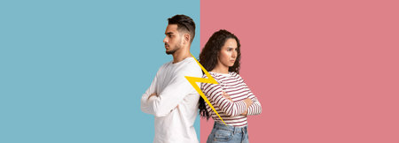 Couple in Conflict Expressed Through Collage Art With Contrasting Colors and Emotionsの写真素材