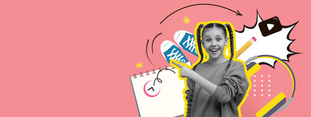 Creative Collage Showcasing a Cheerful Girl Pointing at Sneakers and Calendar on Vibrant Backgroundの写真素材