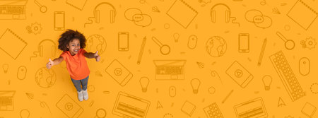 Happy Child Enjoys Learning in a Colorful School-Themed Collage Background at Homeの写真素材