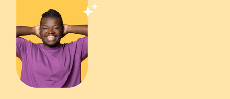 Smiling Person Enjoying a Joyful Moment With Hands on Head Against a Bright Backgroundの写真素材