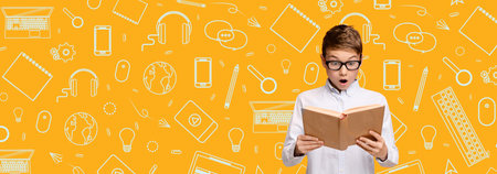 Child Reading a Book Surrounded by Colorful School-Themed Background Elements
