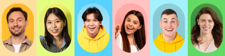Collage of Cheerful Young People With Colorful Backgrounds Sharing Joyful Expressions and Energyの写真素材