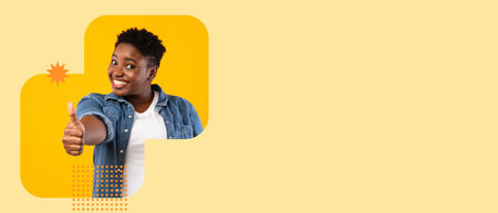 Smiling Young Woman Gives Thumbs up in Cheerful Collage Against Yellow Backgroundの写真素材