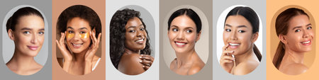 Diverse Beauty Collage Showcasing Various Skin Tones and Expressions in a Harmonious Setの写真素材