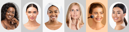 Diverse Beauty Collage Showcasing Various Women Applying Makeup and Skincare in Different Stylesの写真素材