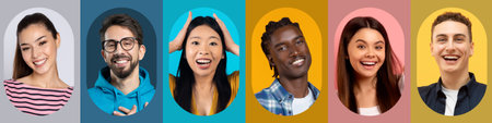 Set of Joyful Faces Expressing Different Emotions in a Lively Collage Styleの写真素材