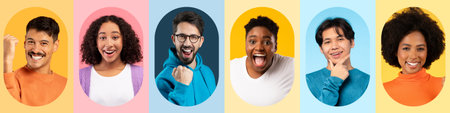 Joyful Expressions From Diverse Individuals in a Vibrant Collage Set Featuring Cheerful Colorsの写真素材