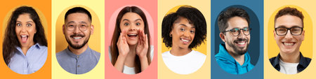 Collage of Cheerful People Expressing Joy and Excitement in Vibrant Colorsの写真素材