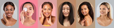 Collage of Diverse Women Demonstrating Skincare Routines and Beauty Tips in a Vibrant Setの写真素材