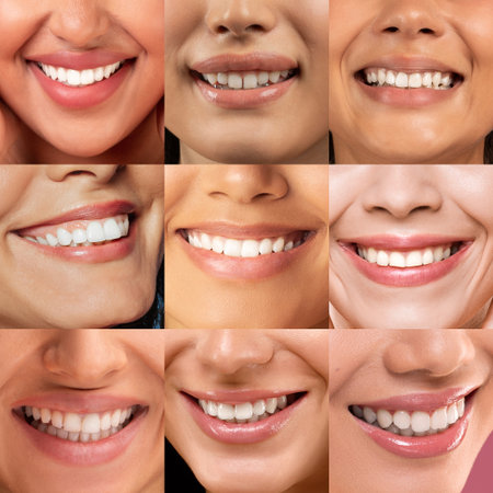 Smiles From Diverse Individuals Captured in a Vibrant Collage Displaying Happinessの写真素材