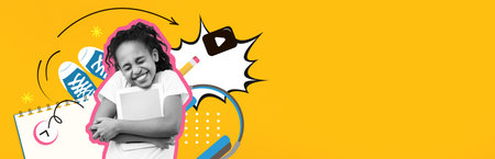 Collage of a Happy Girl Embracing Books and School Supplies on a Bright Backgroundの写真素材